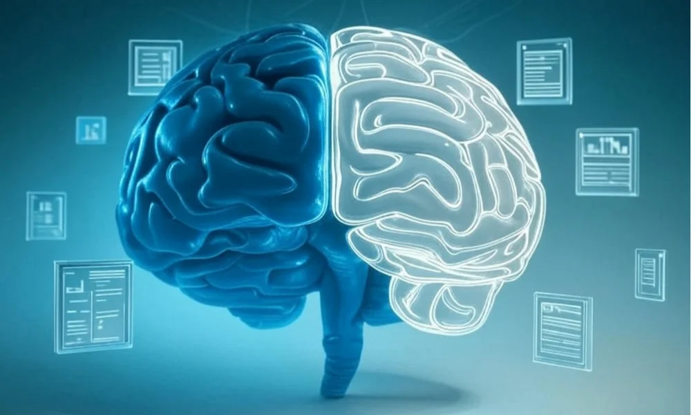 Hybrid reasoning AI illustration with glowing blue data side and white logical symbols on a teal gradient background.