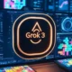 Futuristic neon blue and orange AI interface showcasing xAI’s Grok 3 logo, with real-time X data and Tetris-Bejeweled visuals, 2025 tech style.