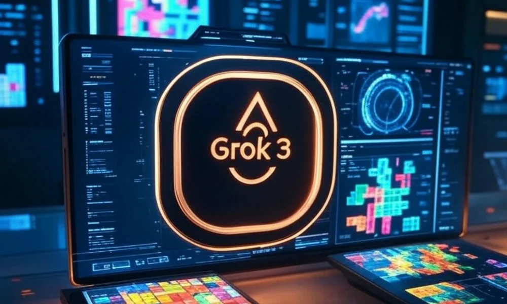 Futuristic neon blue and orange AI interface showcasing xAI’s Grok 3 logo, with real-time X data and Tetris-Bejeweled visuals, 2025 tech style.