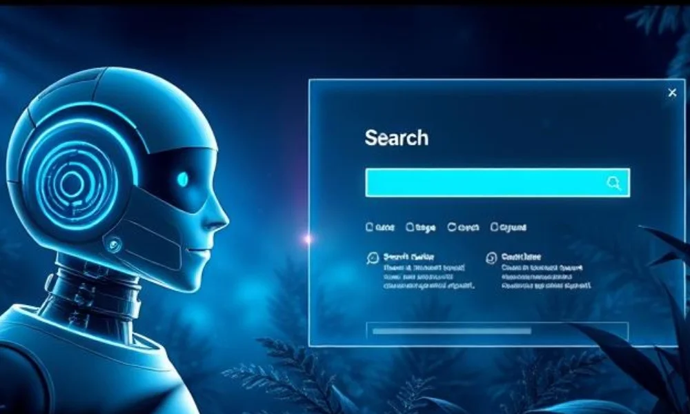 A futuristic AI chatbot on one side and a traditional search engine interface on the other, symbolizing the evolution of online search.