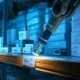 AI-driven inventory management in a modern warehouse with robotic arm scanning barcodes and futuristic dashboard.