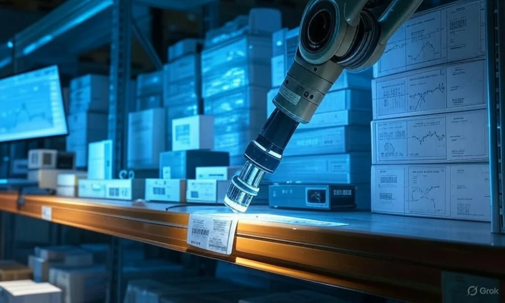 AI-driven inventory management in a modern warehouse with robotic arm scanning barcodes and futuristic dashboard.