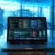Futuristic view of Apple AI server factory in Texas with M4 MacBook Air displaying triple screens for editing and coding.