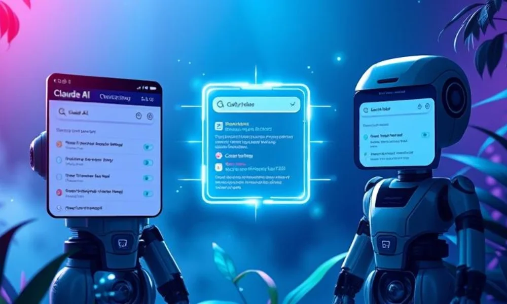Comparison of Claude AI and ChatGPT for web search accuracy, featuring a futuristic digital interface with glowing data streams and AI-powered search analysis.