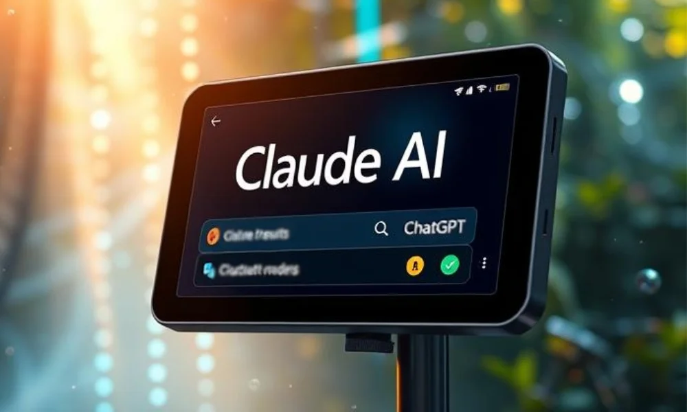 Claude AI retrieving real-time web data on a futuristic digital interface, showcasing its web search update in 2025.