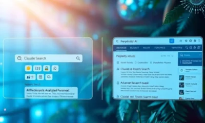 Comparison of Claude Web Search and Perplexity AI, highlighting differences in accuracy, speed, usability, and search results presentation in a futuristic AI interface.