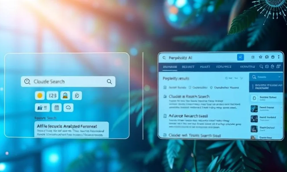 Comparison of Claude Web Search and Perplexity AI, highlighting differences in accuracy, speed, usability, and search results presentation in a futuristic AI interface.
