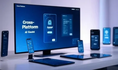 Cross-Platform AI Gemini unites Android and iOS devices with a futuristic lock screen feature in a vibrant tech environment.