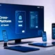 Cross-Platform AI Gemini unites Android and iOS devices with a futuristic lock screen feature in a vibrant tech environment.
