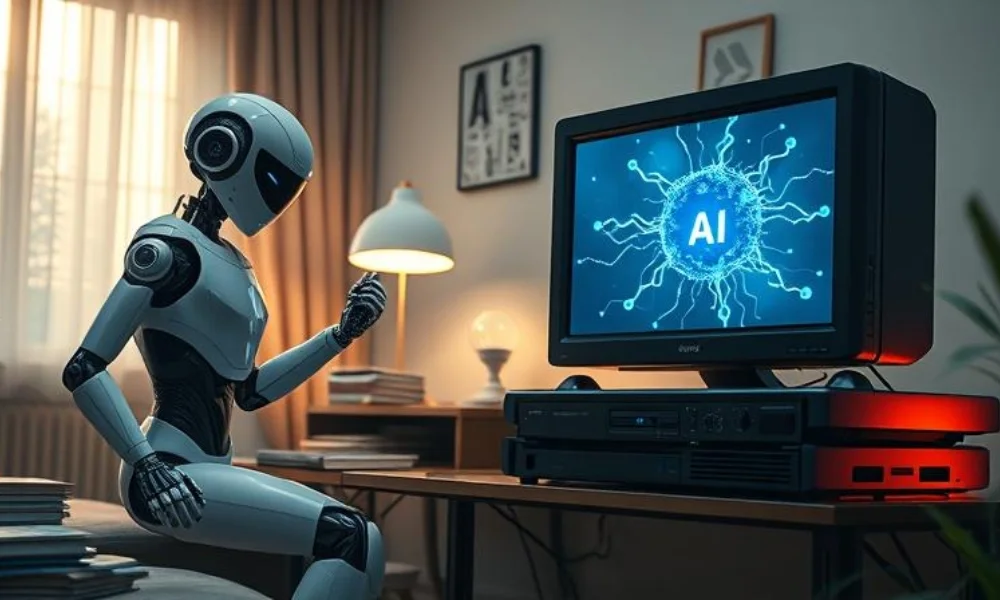 Gemini Robotics robot helping with chores in a cozy American living room.