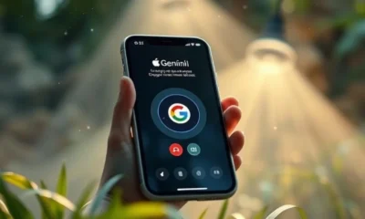 A futuristic iPhone displaying Google's Gemini AI interface, symbolizing its integration with Apple's ecosystem and competition with Siri.