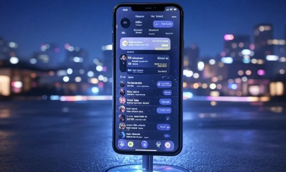 Futuristic iPhone displaying Google Gemini iOS 2025 smart widgets and Siri rivalry in a neon-lit 2025 tech scene.