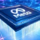Sleek Meta AI chip with logo emitting light beams, set against a vibrant U.S. tech infrastructure network.