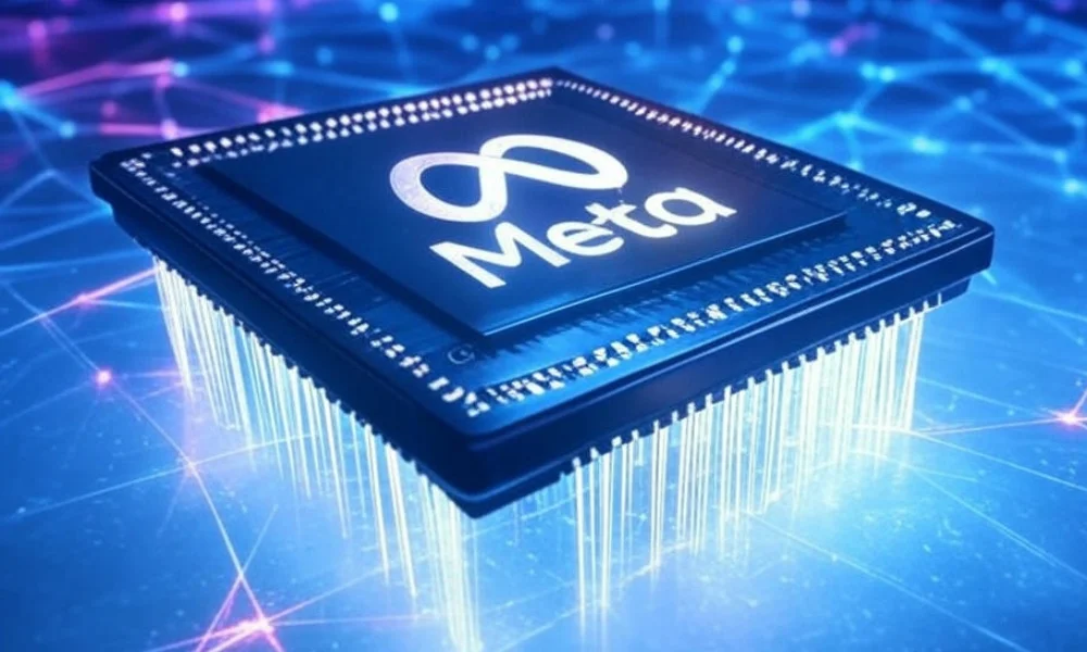 Sleek Meta AI chip with logo emitting light beams, set against a vibrant U.S. tech infrastructure network.