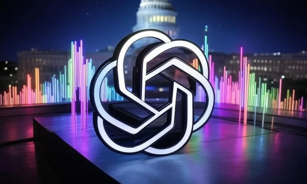 Futuristic OpenAI logo with audio waves forming O1-Pro model against U.S. Capitol, highlighting 2025 AI regulation shifts.