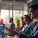 A team of business professionals using AI-powered search tools on digital screens, displaying real-time data insights, financial trends, and industry analytics in a high-tech office environment.