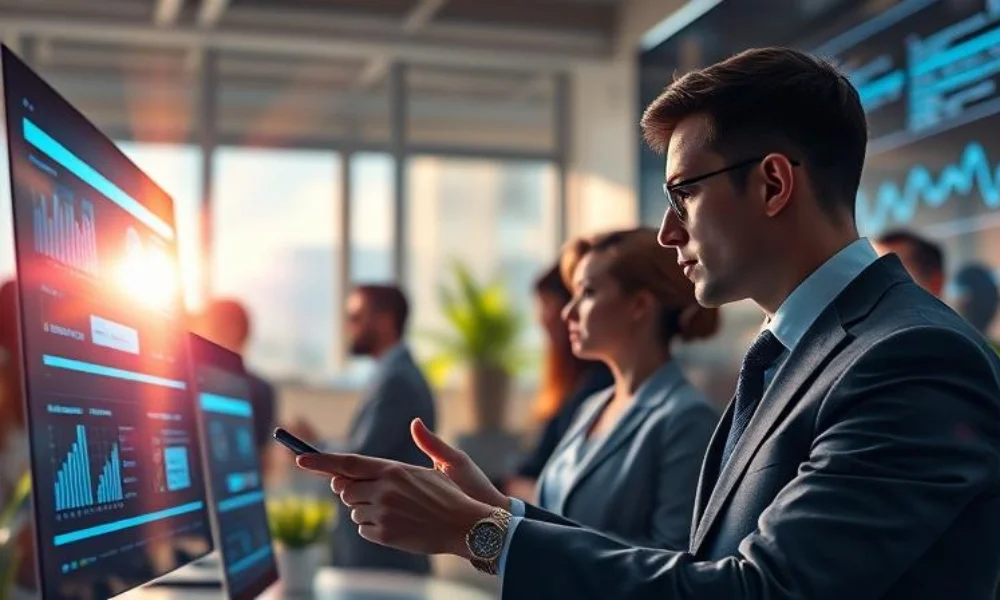 A team of business professionals using AI-powered search tools on digital screens, displaying real-time data insights, financial trends, and industry analytics in a high-tech office environment.