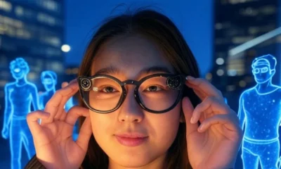 Girl wearing Snapchat Spectacles AR glasses explores AI-powered lenses in a futuristic urban setting in 2025.