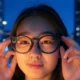 Girl wearing Snapchat Spectacles AR glasses explores AI-powered lenses in a futuristic urban setting in 2025.