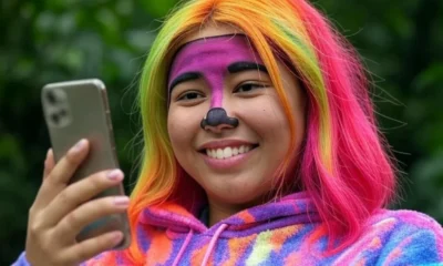 Young woman smiling with Snapchat AI Lenses applying a pirate filter in 2025, featuring a jungle background.