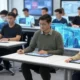 A futuristic classroom with students seated at desks, interacting with holographic AI teachers projected above the desks.
