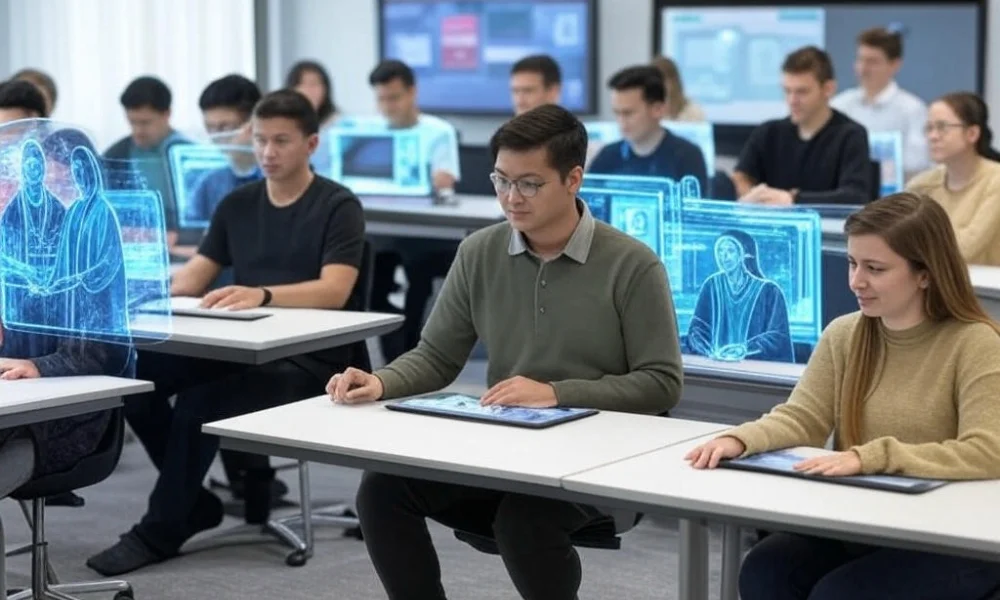 A futuristic classroom with students seated at desks, interacting with holographic AI teachers projected above the desks.