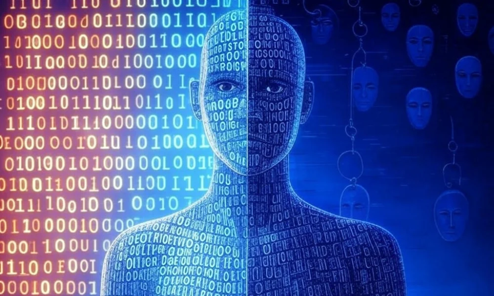 A digital illustration of a human silhouette made of binary code.