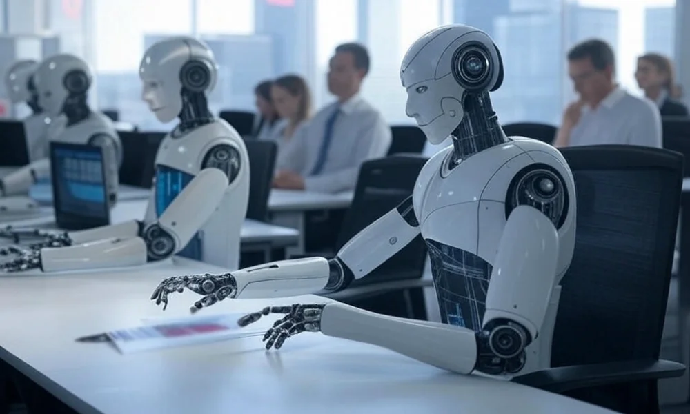 A futuristic office scene featuring AI robots with sleek, metallic designs performing tasks at desks, while a human in a suit observes from the background.