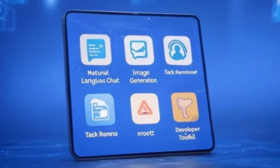 Digital interface of Meta AI Assistant App on a tablet, showcasing icons for natural language chat, image generation, task reminders, and developer toolkit for Llama API, set against a futuristic blue holographic background.