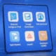 Digital interface of Meta AI Assistant App on a tablet, showcasing icons for natural language chat, image generation, task reminders, and developer toolkit for Llama API, set against a futuristic blue holographic background.
