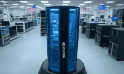 A futuristic NVIDIA AI supercomputer stands prominently in a high-tech U.S. manufacturing facility, surrounded by advanced tech equipment and an American flag in the background.
