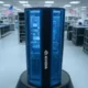 A futuristic NVIDIA AI supercomputer stands prominently in a high-tech U.S. manufacturing facility, surrounded by advanced tech equipment and an American flag in the background.