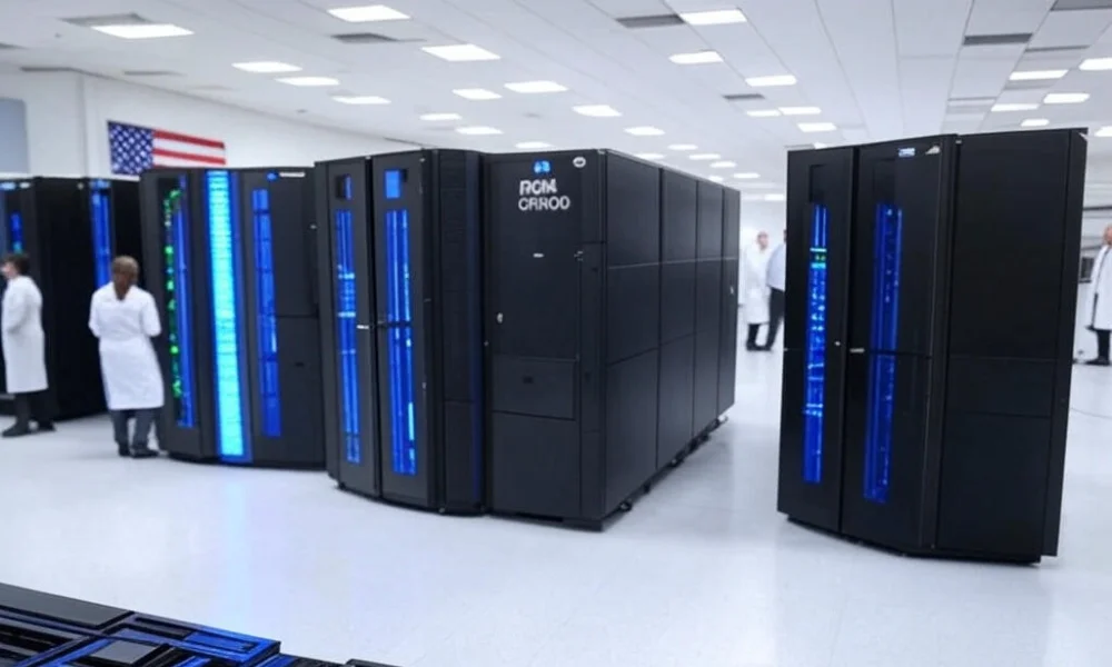 A high-tech manufacturing facility in the United States showcasing NVIDIA's DGX GH200 AI supercomputers with Hopper architecture, featuring rows of advanced systems with glowing blue lights, an American flag in the background, and researchers in white coats, symbolizing U.S. technological advancement and sovereignty.