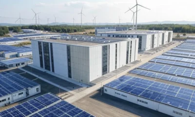 Modern AI data center surrounded by solar panels and wind turbines, showcasing sustainable energy practices in tech infrastructure.