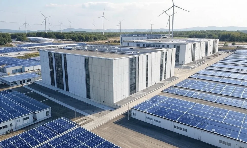 Modern AI data center surrounded by solar panels and wind turbines, showcasing sustainable energy practices in tech infrastructure.