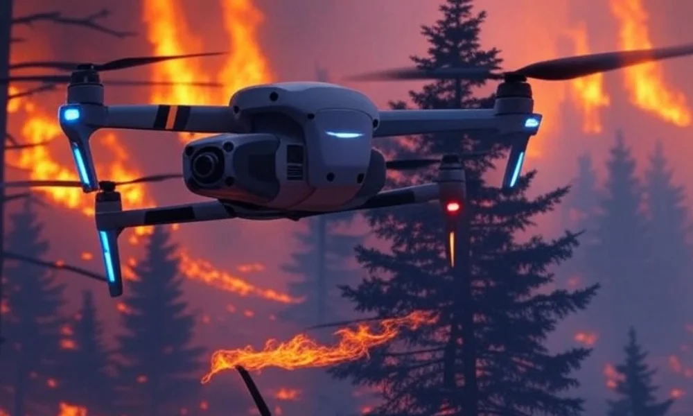 AI-powered drone dropping fire retardant over a wildfire in a U.S. forest.