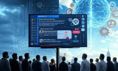Silhouettes of people under a dark stormy sky facing a screen with negative AI posts, symbolizing public pessimism in the U.S.