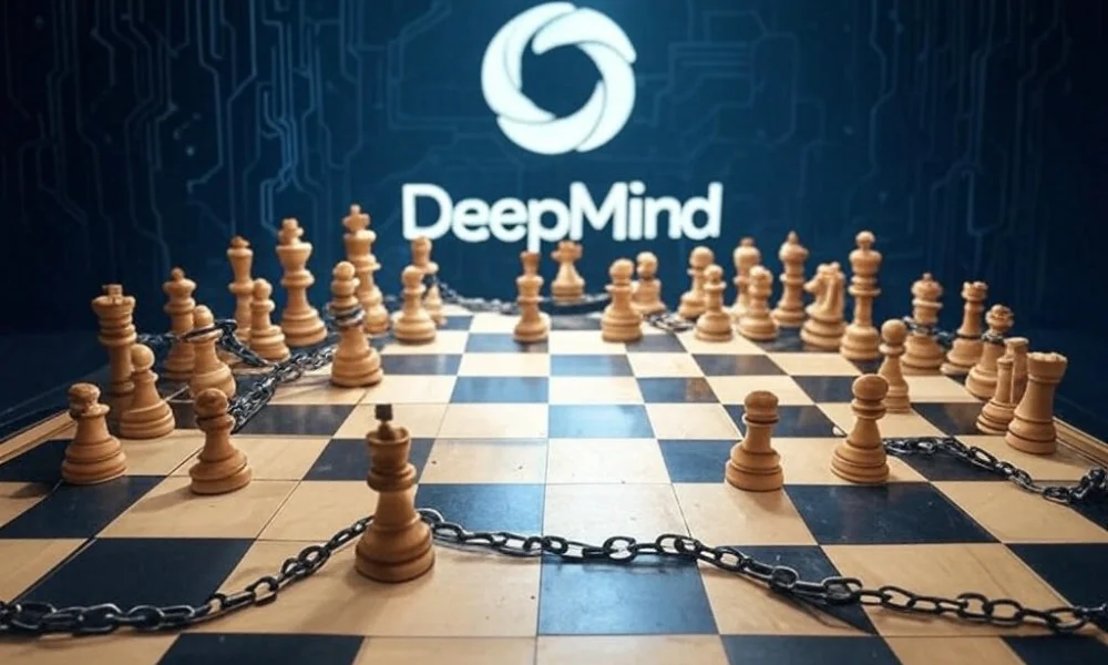 A futuristic chessboard with AI chess pieces chained down, symbolizing DeepMind's noncompete rules, set against a digital background with the DeepMind logo. The scene captures the debate between AI innovation and talent mobility in 2025.