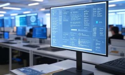 Modern workstation with a computer screen displaying AI data and text, symbolizing Google’s Gemini and Veo merger in a tech office setting.
