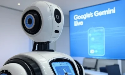 Futuristic robot with Gemini Live video interface on a screen in a modern tech office setting for Google AI 2025.