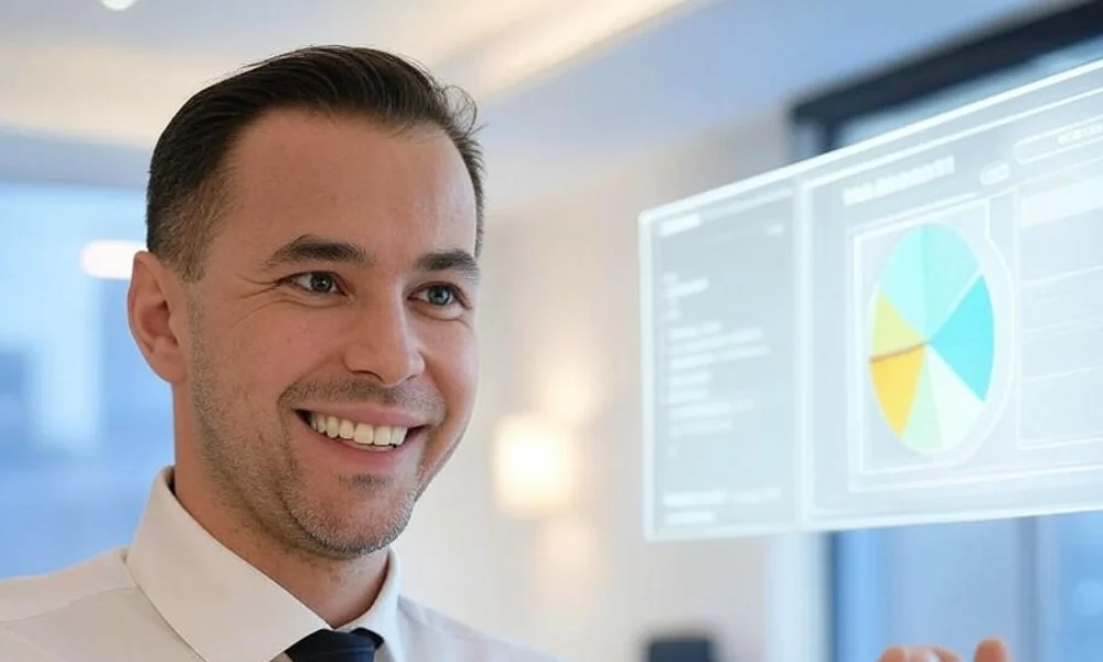 A futuristic digital interface displaying Grok, an AI assistant, analyzing a complex pie chart with advanced vision and real-time voice interaction capabilities in a modern office setting.