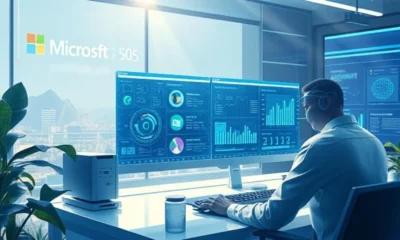 Futuristic workspace with AI-powered Microsoft Copilot assisting a user through holographic screens