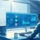 Futuristic workspace with AI-powered Microsoft Copilot assisting a user through holographic screens