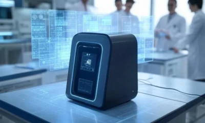 Futuristic AI device analyzing medical data in a lab, symbolizing the FDA and OpenAI collaboration to speed up drug approvals, with healthcare professionals in the background.