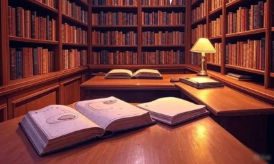 Library scene with open books and a speech bubble showing a fabricated book title, illustrating AI hallucinations in information generation.