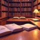Library scene with open books and a speech bubble showing a fabricated book title, illustrating AI hallucinations in information generation.