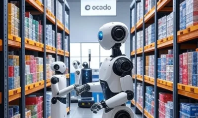 AI-powered robots working efficiently in an Ocado warehouse, showcasing advanced automation and real-time data monitoring for improved productivity.