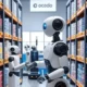 AI-powered robots working efficiently in an Ocado warehouse, showcasing advanced automation and real-time data monitoring for improved productivity.