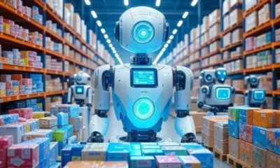Futuristic warehouse with AI-driven robots managing inventory and utilizing computer vision systems for smart automation, showcasing high-tech logistics efficiency.