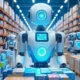 Futuristic warehouse with AI-driven robots managing inventory and utilizing computer vision systems for smart automation, showcasing high-tech logistics efficiency.